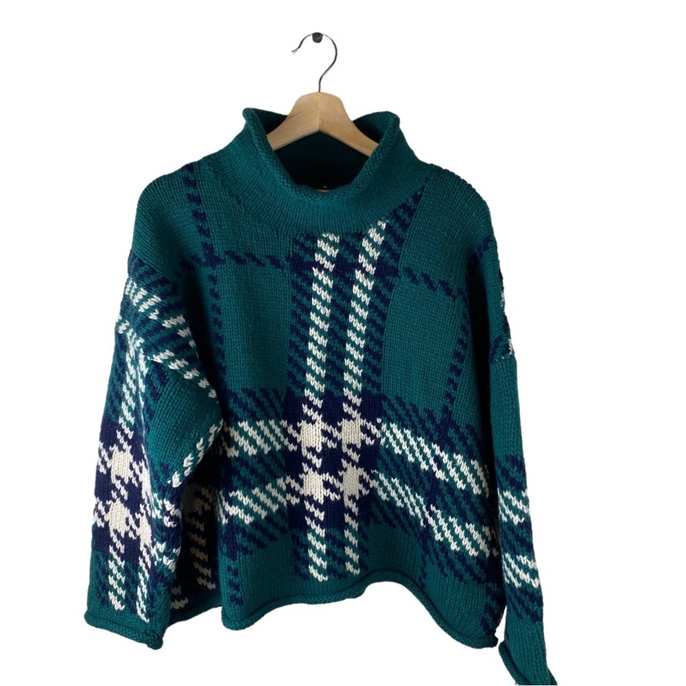 Vintage Limited Hand Knit Plaid Mock Neck Sweater 100% Wool One Size